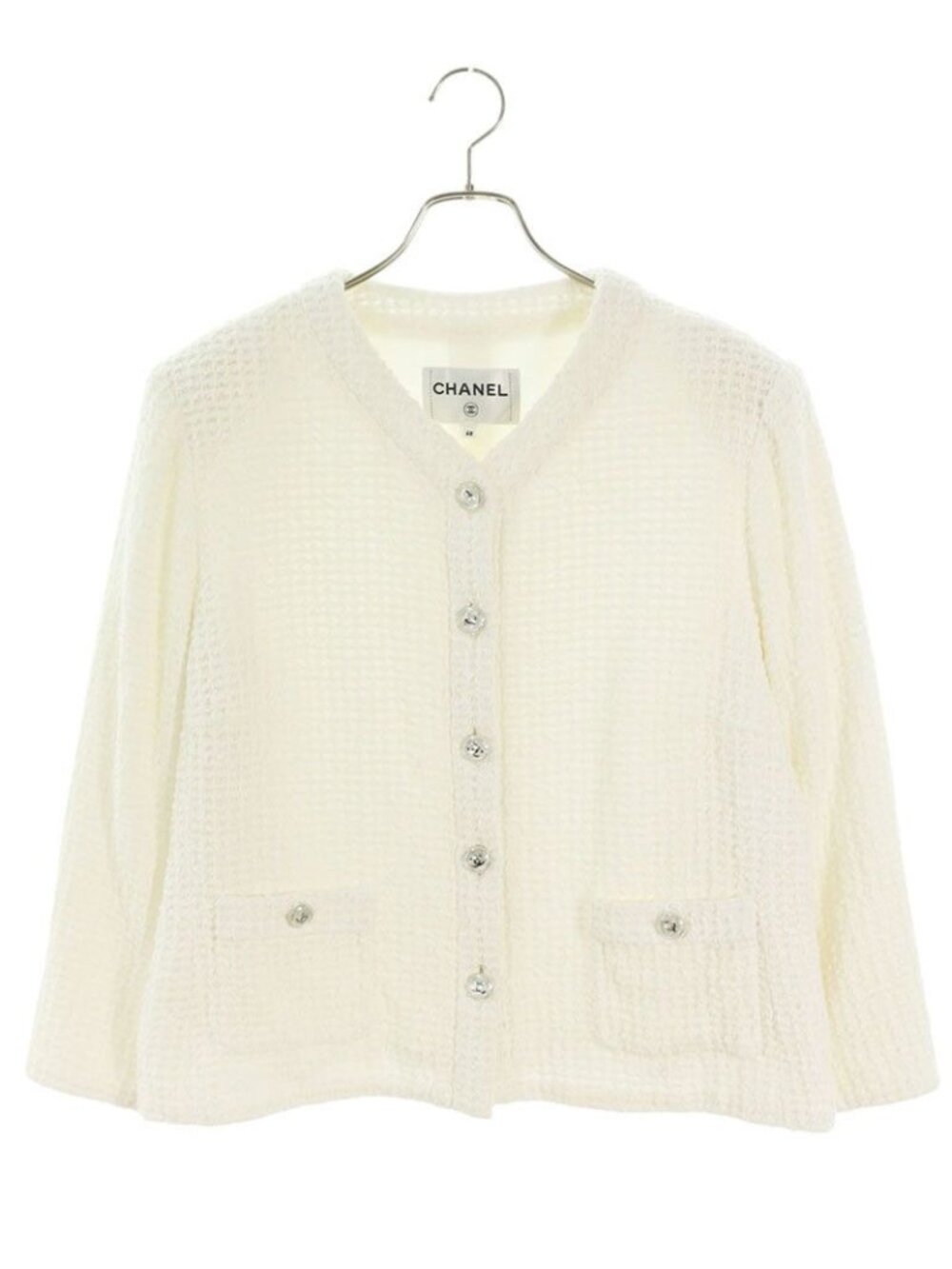 Chanel CC Logo Button Collarless Tweed Jacket 48
